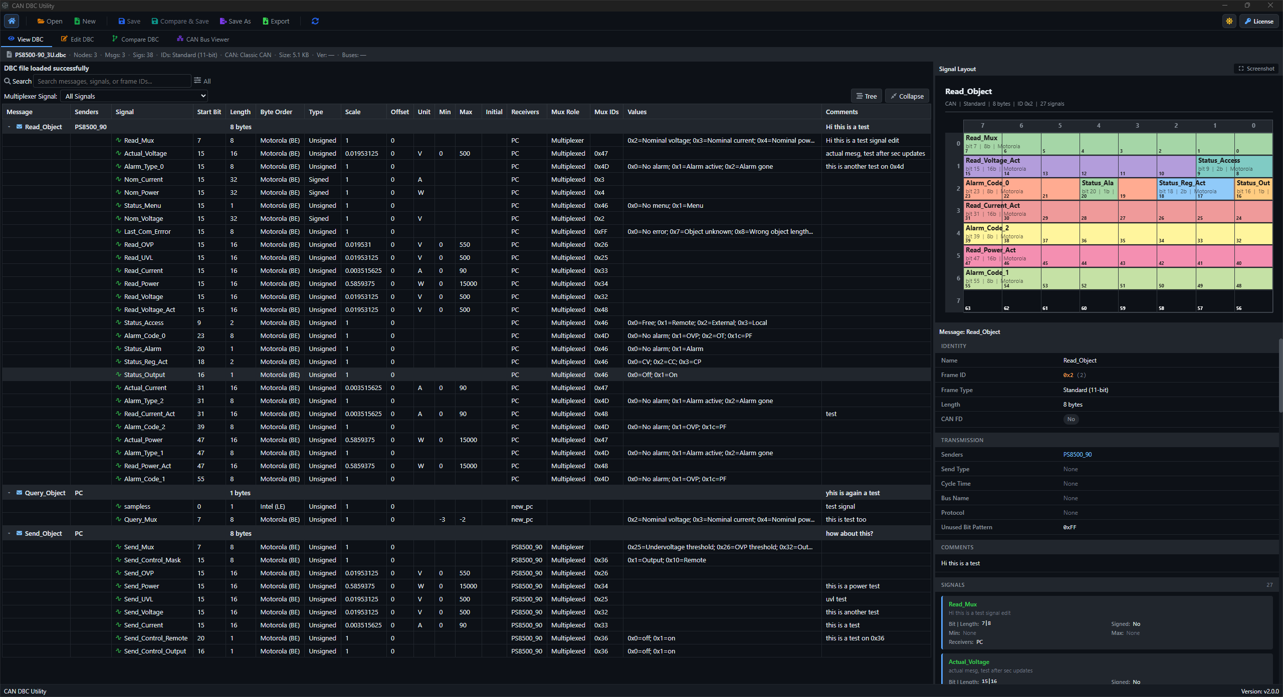 DBC Utility viewer showing CAN database messages, signals, and details
