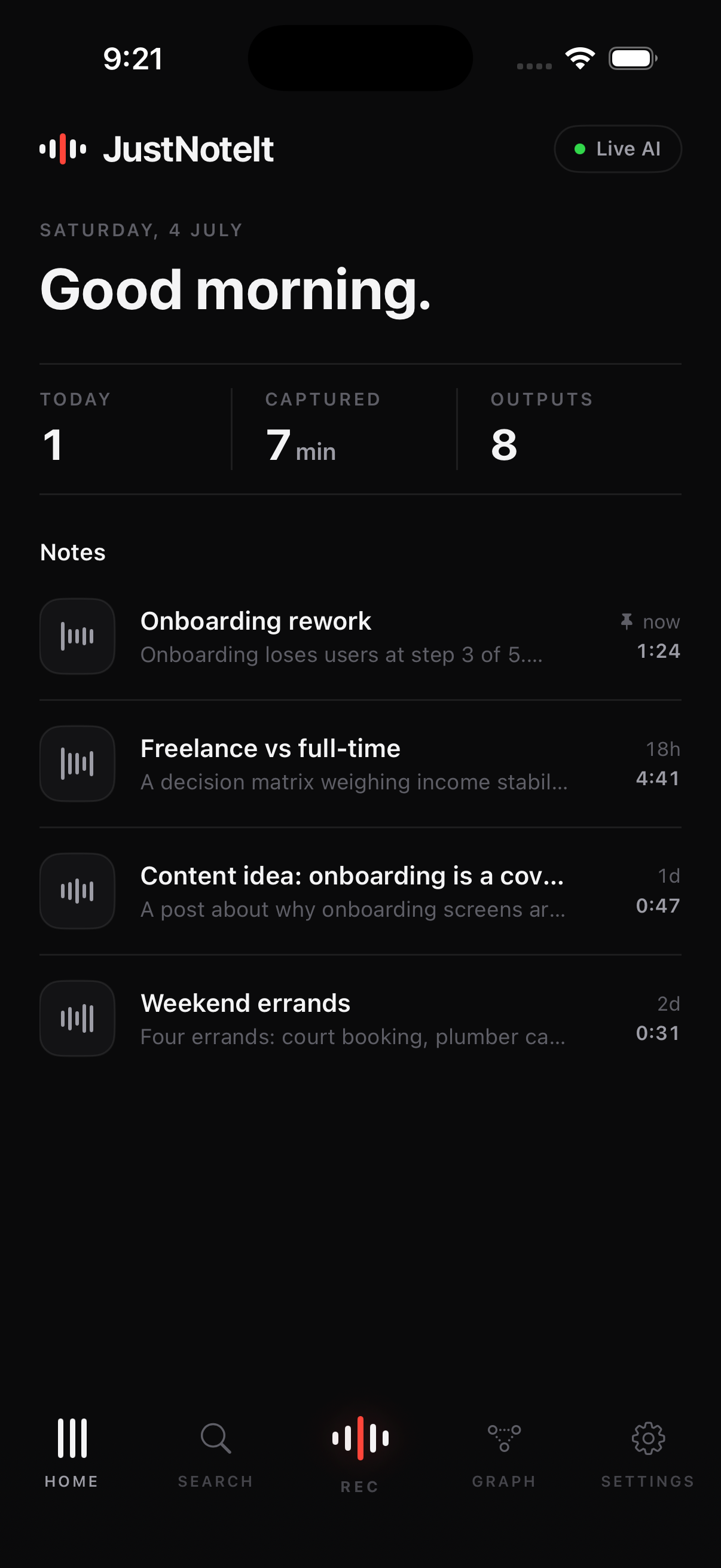 JustNoteIt voice notes app home screen